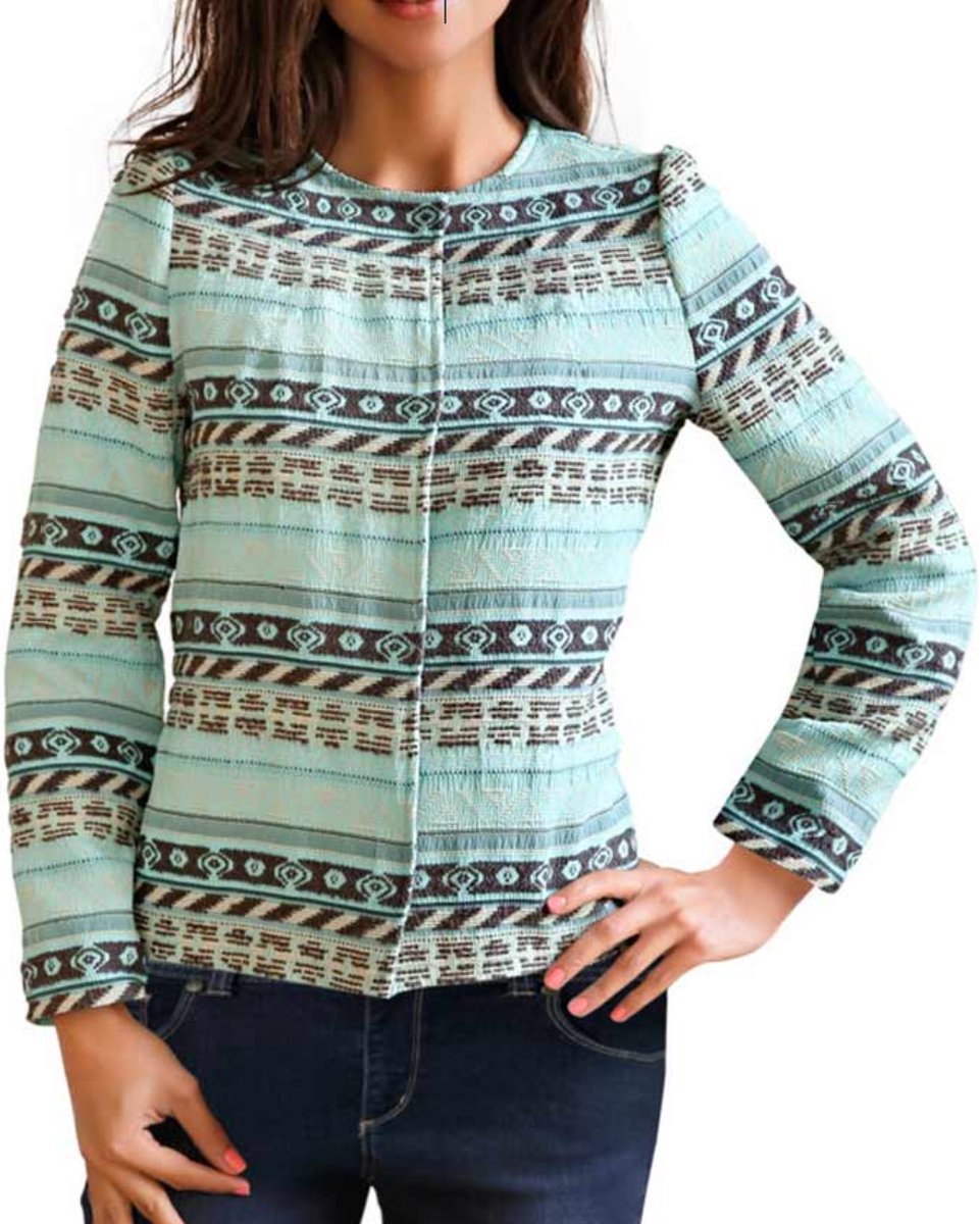 Designer Jacquard Blazer van Duitse Modehuis Ashley Brooke, Aqua-kleurrijk, Maat 38
