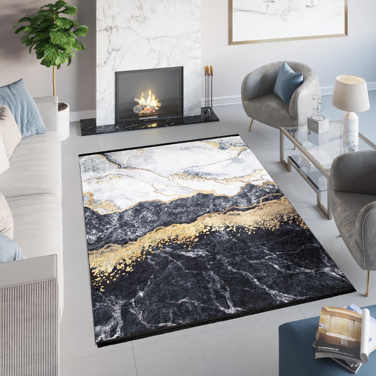 Tapiso Toscana Vloerkleed Kwastjes Grijs Gouden Glamour Tapijt Maat- 120x170 Donkergrijs Gouden