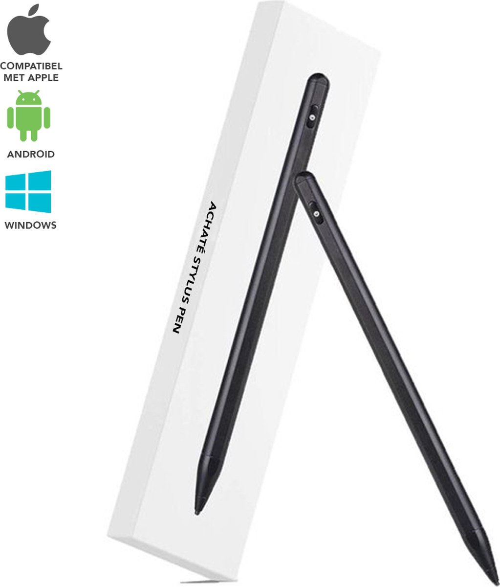 Achaté Stylus Pen voor Tablet iPad of Smartphone - Zonder Bluetooth - Tot 12 Uur Werktijd - 2 Extra Punten - Zwart