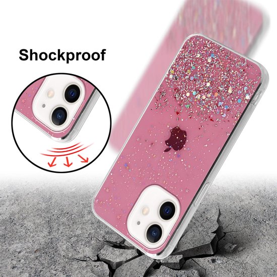 Roze iPhone 12 MINI hoesje met glitters, getoond op gebroken beton. "Shockproof".