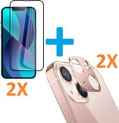 2X Volledige Dekking Scherm Tempered Glass Screen Protector  + 2X Camera lens Beschermer Rosegoud Geschikt voor: Apple iPhone 13 Pro