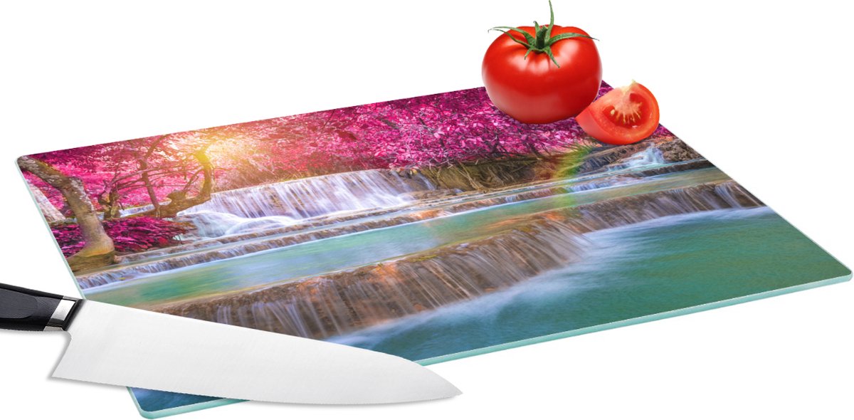 Glazen Snijplank - 39x28 - Waterval - Regenboog - Bomen - Roze - Natuur - Snijplanken Glas