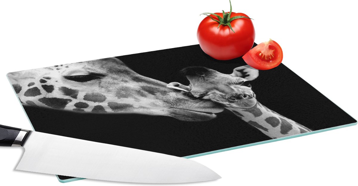 Glazen Snijplank - 28x20 - Dieren - Zwart - Wit - Giraffe - Portret - Snijplanken Glas