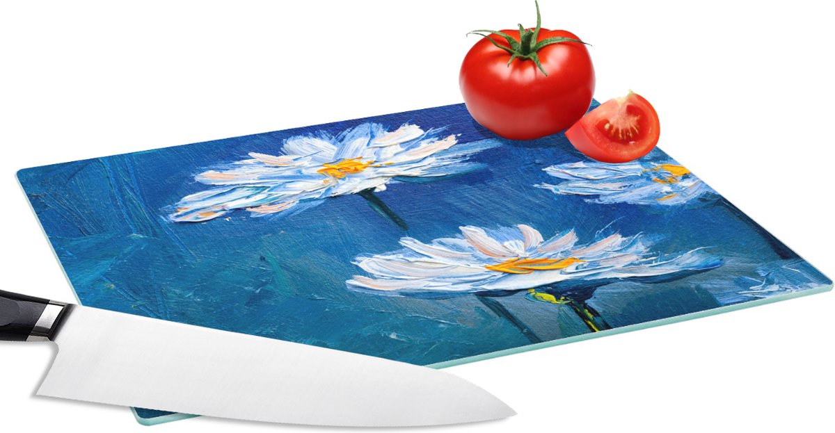 Glazen Snijplank - 28x20 - Schilderij - Olieverf - Bloemen - Blauw - Snijplanken Glas