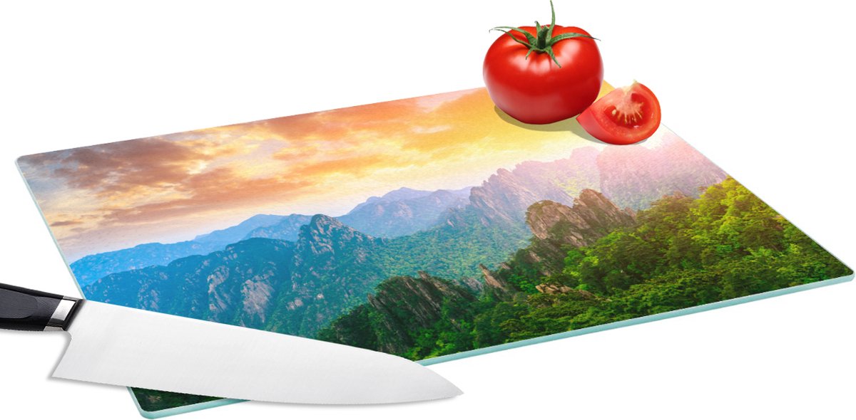 Glazen Snijplank - 39x28 - Bergen - Bomen - Zonsondergang - Natuur - Snijplanken Glas