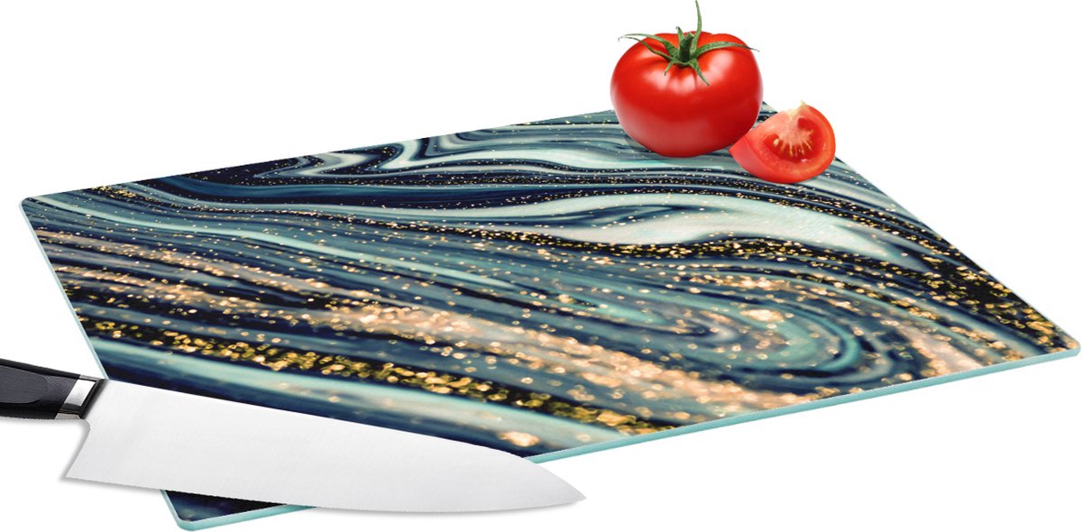 Glazen Snijplank - 39x28 - Marmer - Goud - Blauw - Glitter - Marmerlook - Abstract - Snijplanken Glas
