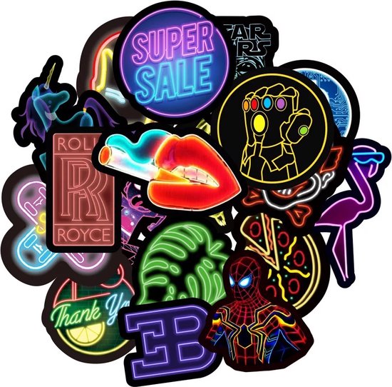 Neon Light Stickers 50 Stuks | Neon Lights Stickers | Stoere Stickers | Rock | Game Over | Laptop Stickers | Decoratie | Stickers Kinderen | Stickers Volwassenen | Agenda | Plakstickers | Stickers Bullet Journal | Planner Stickers - Merkloos