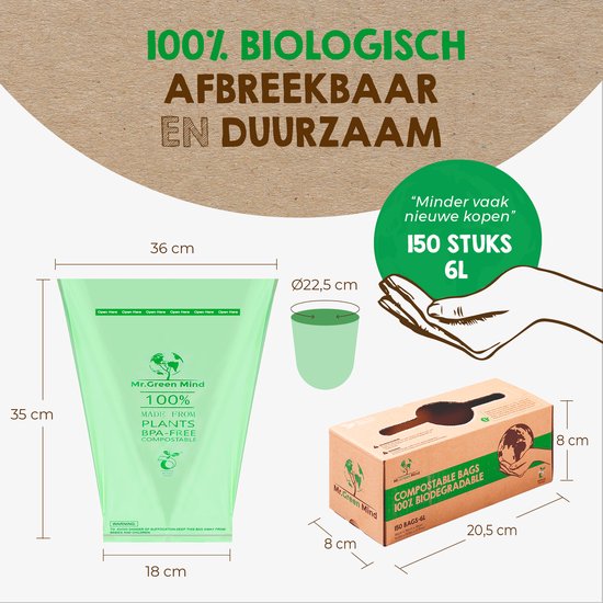 Groene, biologisch afbreekbare zakken van 35x36 cm uit 100% plantenmateriaal, 150 stuks in doos.