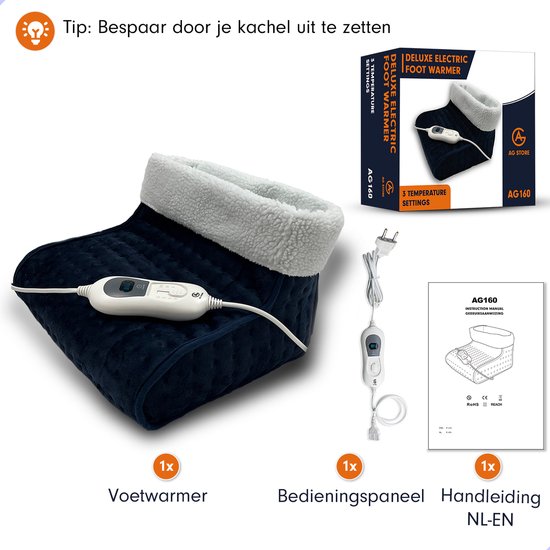 AG160 Elektrische voetenwarmer - Met Timer en Overhittingsbeveliging - 3 temperatuurstanden - Blauw