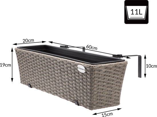 Beige plantenbak met gevlochten textuur, 60x20x19cm, 11L inhoud, en zwarte verstelbare ophanging.