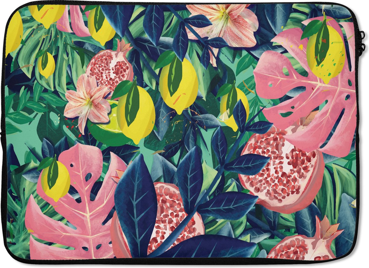 Laptophoes 13 inch - Bloemen - Fruit - Kleuren - Laptop sleeve - Binnenmaat 32x22,5 cm - Zwarte achterkant