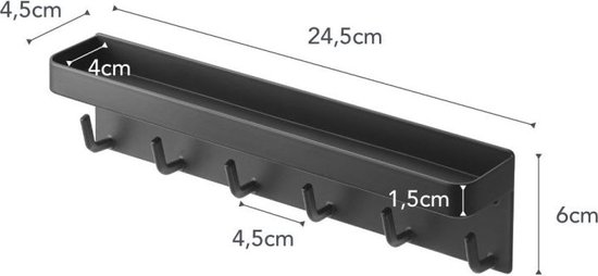 Zwart sleutelrek met bovenplank en zes haken. Afmetingen: 24,5 x 4,5 x 4 cm.