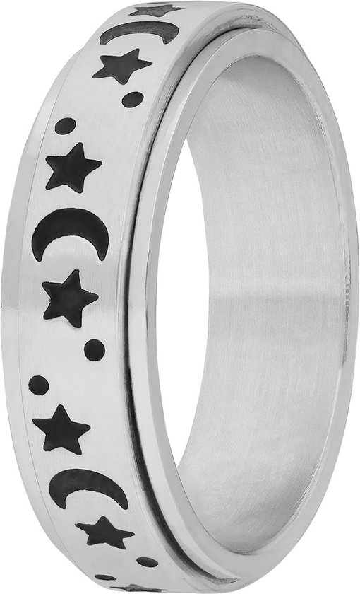 Lucardi Unisex Stalen anxiety ring met maan en ster - Ring - Staal - Zilverkleurig - 15 / 47 mm