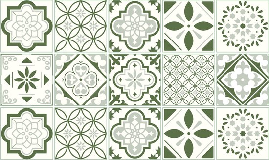 Ulticool Decoratie Sticker Tegels - Mandala Groen Wit - 15x15 cm - 15 stuks Zelfklevende Plakfolie Tegelstickers - Achterwand voor de Muur Badkamer - Keukenwand Keuken - Plaktegels Zelfklevend - Sticktiles