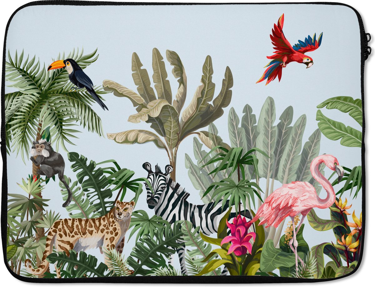 Laptophoes 17 inch - Jungle - Flamingo - Aap - Jongens - Meisjes - Kids - Laptop sleeve - Binnenmaat 41x28 cm - Zwarte achterkant