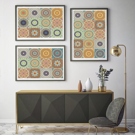 Ulticool Décoration Stickers carrelages - Mandala Soleil Bloem Oranje Vert Blauw - Cuisine cm - 15 pièces