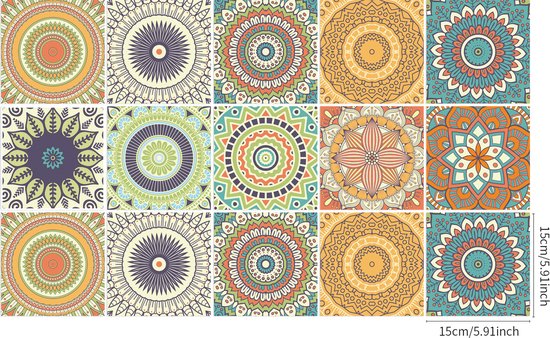 Ulticool Décoration Stickers carrelages - Mandala Soleil Bloem Oranje Vert Blauw - Cuisine cm - 15 pièces