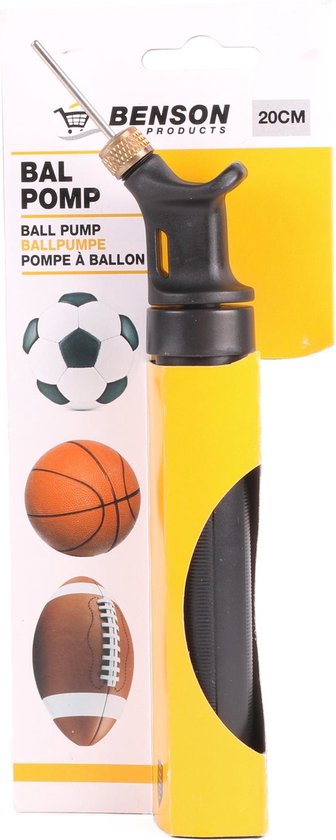 Gele Benson balpomp met zwarte grip, 20 cm lang. Bevat afbeeldingen van een voetbal, basketbal en rugbybal.