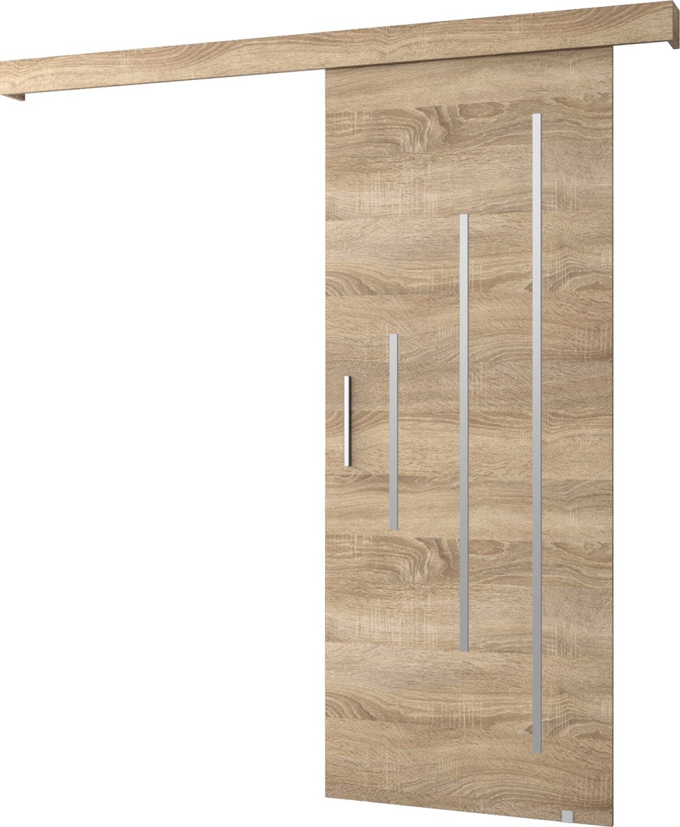 InspireMe - Schuifdeursysteem met rail - 90x204cm - AGRA Y - Sonoma Eik + Sonoma Eik frame + Zilver Handvat met Soft-Close system