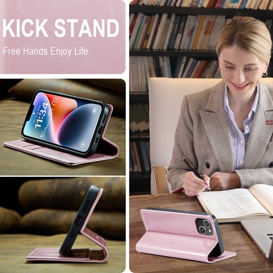 CaseMe - Coque de téléphone adaptée pour Apple iPhone 14 - Etui portefeuille à rabat - Fermeture magnétique - Rose