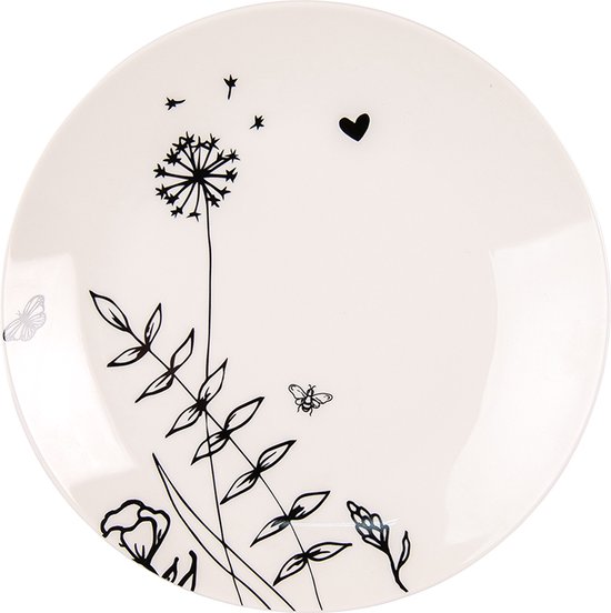 Clayre & Eef Assiette de petit déjeuner Ø 20 cm Beige Noir Porcelaine Rond Fleurs Assiette