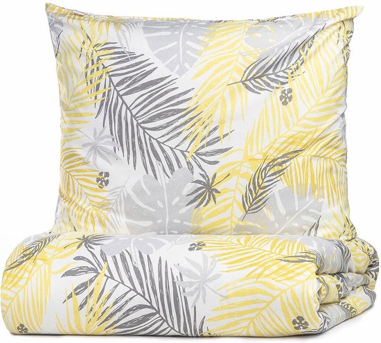 HOMLA Parure de lit en microfibre botanique avec taie d'oreiller - linge de lit confortable avec fermeture éclair 2 taies d'oreiller - motif feuille et fleur jaune 200 x 220 cm