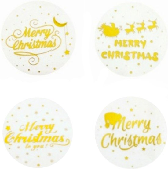 Vier ronde kerststickers met gouden 'Merry Christmas' tekst en sterren, maan en rendieren met slee.