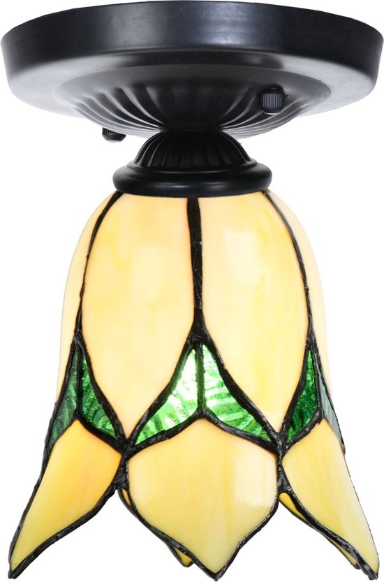 Art Deco Trade - Tiffany plafonnière zwart met Lovely Flower Yellow