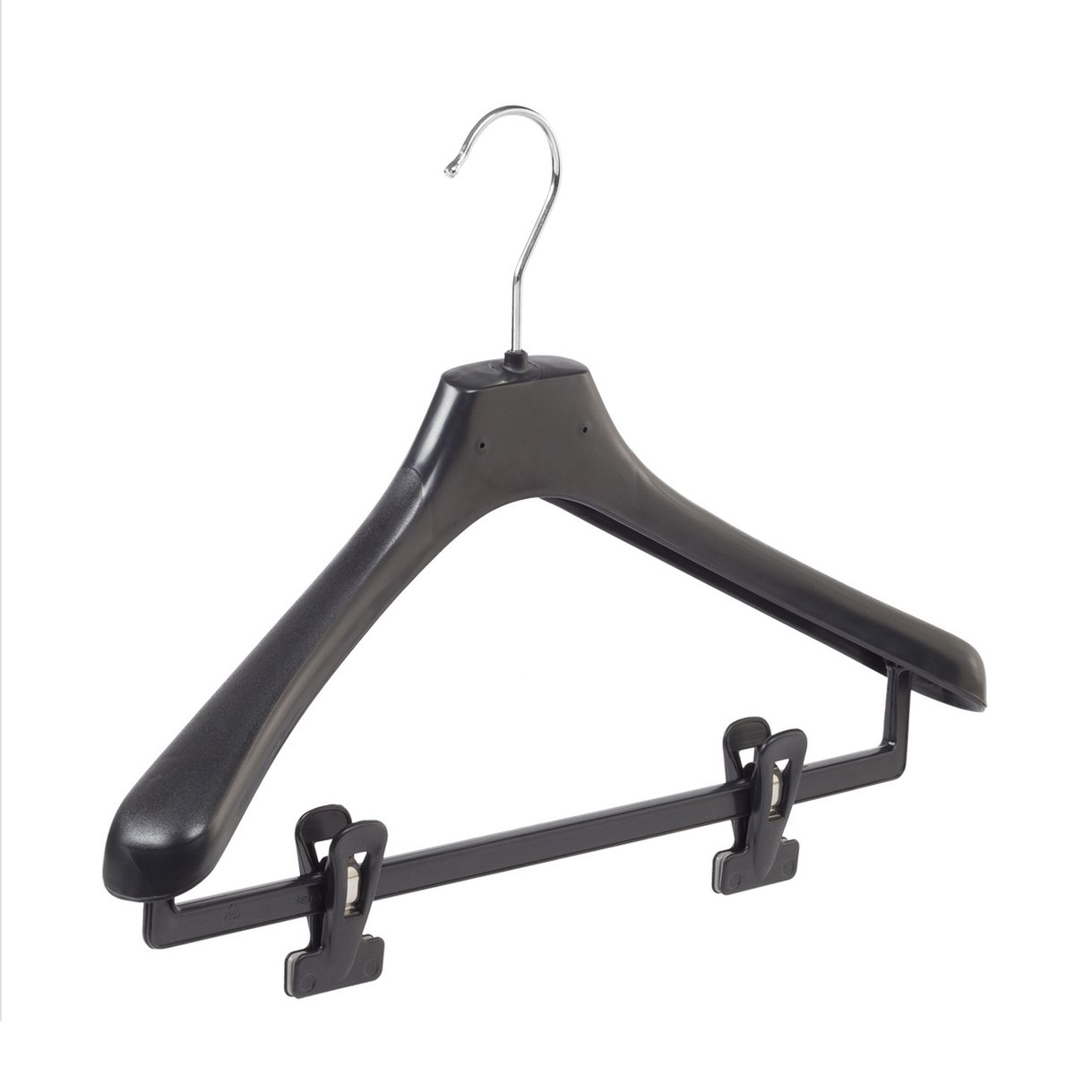 De Kledinghanger Gigant - 10 x Mantelhanger / kostuumhanger zwart met broeklat en anti-slip knijpers, 42 cm