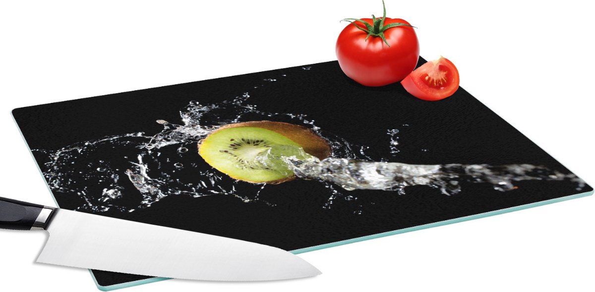 Glazen Snijplank - 39x28 - Kiwi - Fruit - Stilleven - Water - Zwart - Snijplanken Glas