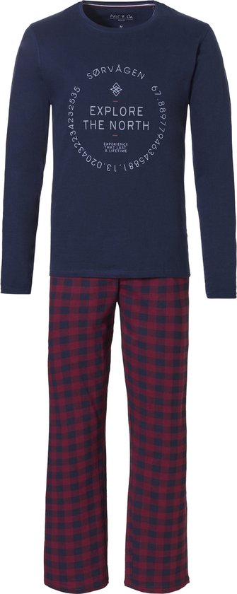 Phil & Co Lange Heren Winter Pyjama Set Katoen Blauw Sørvagen + Broek Geblokt - Maat M
