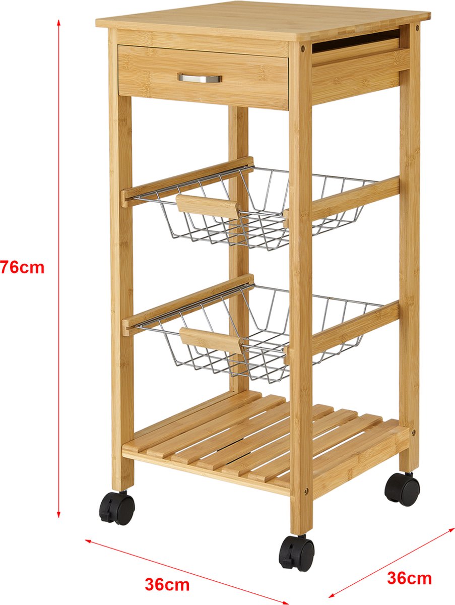 Chef Vida 4-laags opbergmanden voor keukentrolleykar, lade, grenen, wit en zwart, 81 x 37 x 37 cm