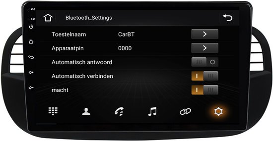 Bluetooth-instellingen menu met opties zoals Toestelnaam, Apparaatpin, Automatisch antwoord, Automatisch verbinden, Macht.