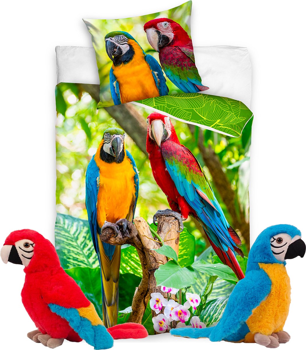Dekbedovertrek Papegaai- Parrots- Ara's- eenpersoons- 140x200cm- Katoen- dubbelzijdig- met set van 2 pluche Papegaaien 24cm