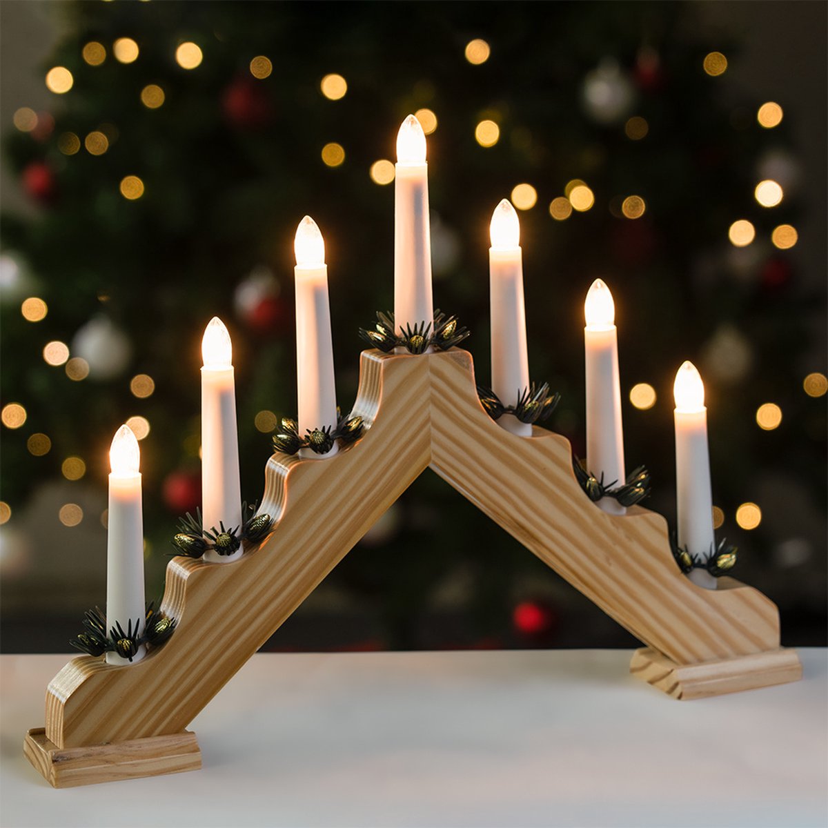 Houten Kerstkandelaar voor binnen - 7 kaarsen - 2700K warm wit - Hout met groen - Kaarsenbrug met 7 lampen - 30 x 38 cm - Kerstverlichting – foto 7