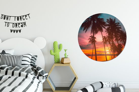 WallCircle - Cercle Mural - Cercle Mural - Mer - Palmier - Coucher de Soleil - Plage - Silhouette - Aluminium - Dibond - 90x90 cm - Intérieur et Extérieur