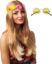 Hippie Flower Power verkleed hoofdband en ronde gele glazen party bril