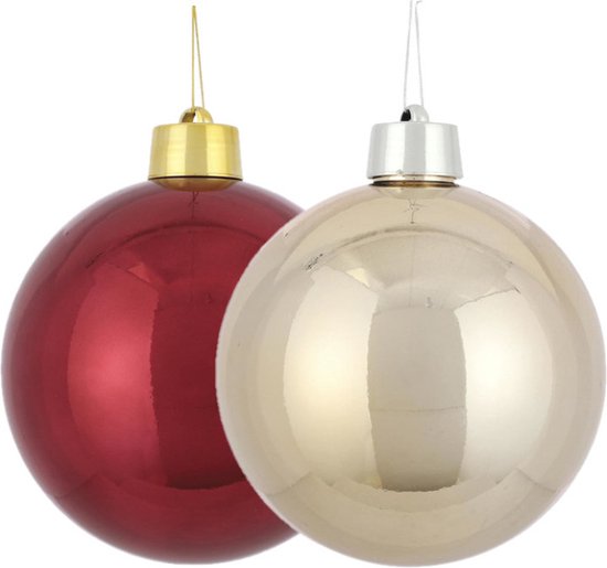 Grote kunststof kerstballen 20 cm - set 2x st - donkerrood en champagne