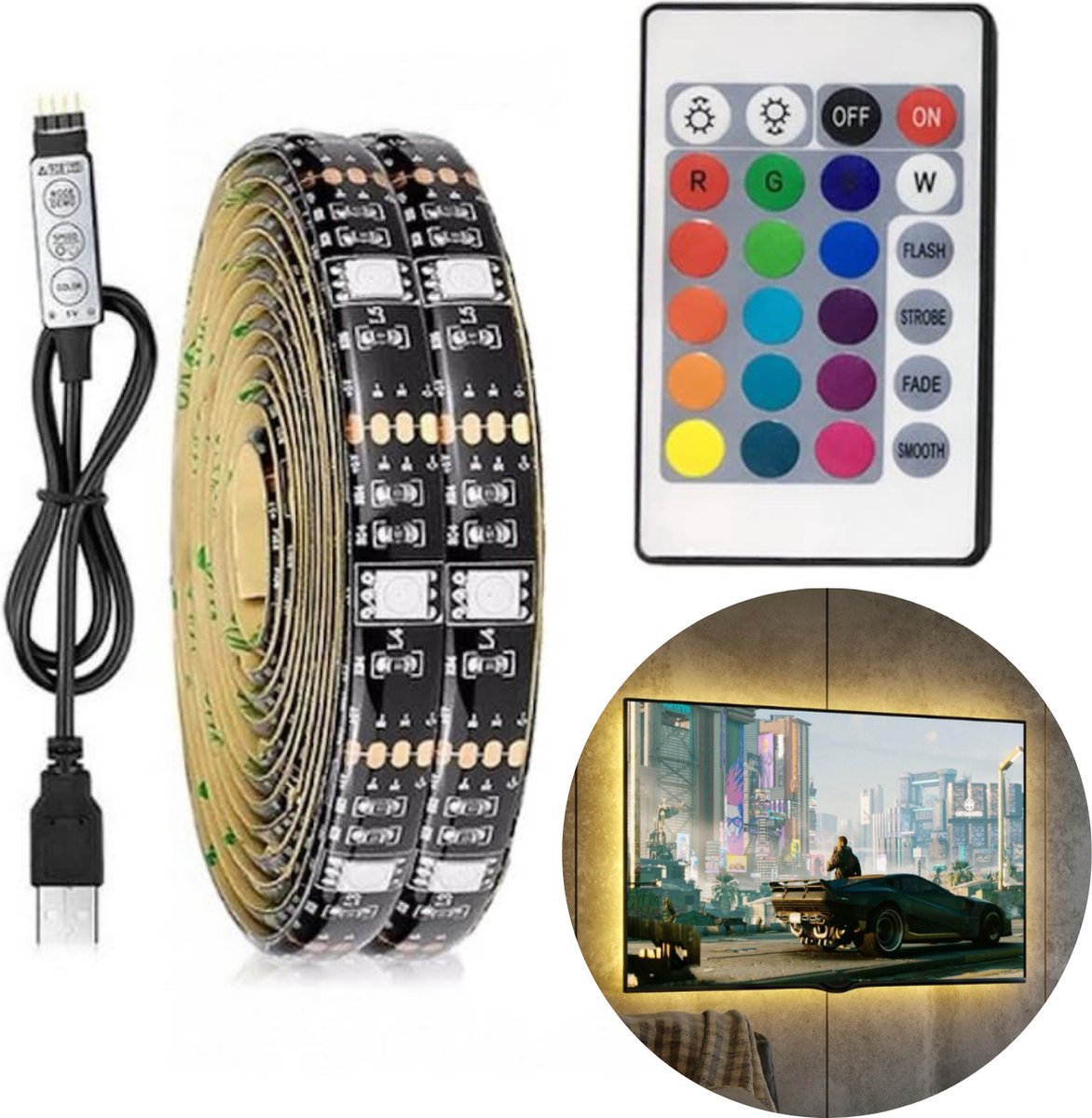 Cheqo® Led Strip voor TV - TV Ledstrip - Universeel - LED Strip op USB - Zelfklevend - 4x0.5m - 2 Meter Totaal - RGB - Met Afstandsbediening