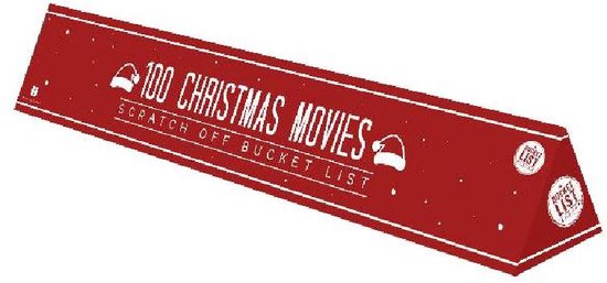 Affiche rouge avec des bonnets de Noël blancs et des étoiles, avec le texte "100 CHRISTMAS MOVIES SCRATCH OFF BUCKET LIST"