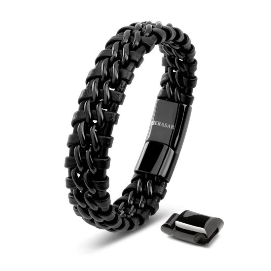 SERASAR Bracelet en Cuir Homme [Steel], Noir 23cm, Idée Cadeau Ami