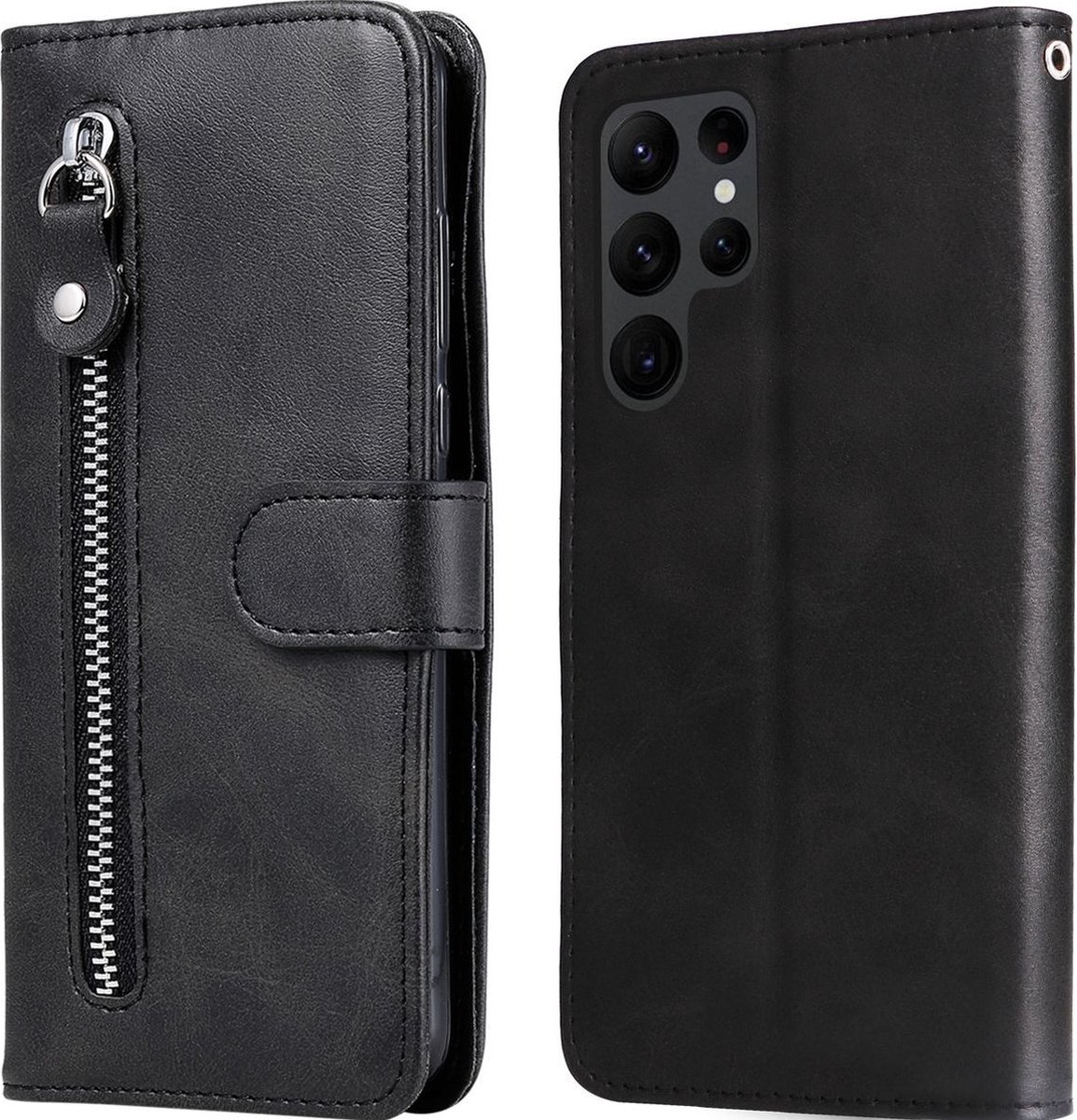 Mobigear Telefoonhoesje geschikt voor Samsung Galaxy S23 Ultra Hoesje | Mobigear Zipper Bookcase Portemonnee | Pasjeshouder voor 3 Pasjes | Telefoonhoesje voor Pinpas / OV Kaart / Rijbewijs - Zwart