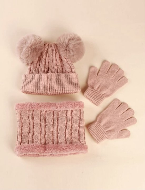 wandelen Huisje leven Wintermuts, sjaal en handschoenen - muts met twee pompoms - kleur roze - 2-5  jaar... | bol.com