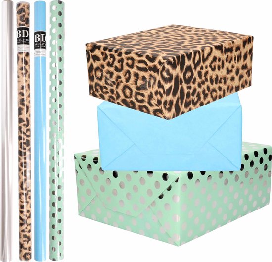 8x Rollen transparante folie/inpakpapier pakket - panterprint/blauw/groen met zilveren stippen 200 x 70 cm - dierenprint papier