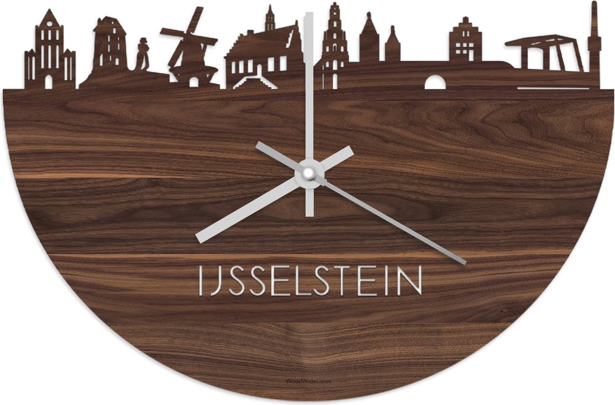 Skyline Klok IJsselstein Notenhout - Ø 40 cm - Stil uurwerk - Wanddecoratie - Meer steden beschikbaar - Woonkamer idee - Woondecoratie - City Art - Steden kunst - Cadeau voor hem - Cadeau voor haar - Jubileum - Trouwerij - Housewarming -
