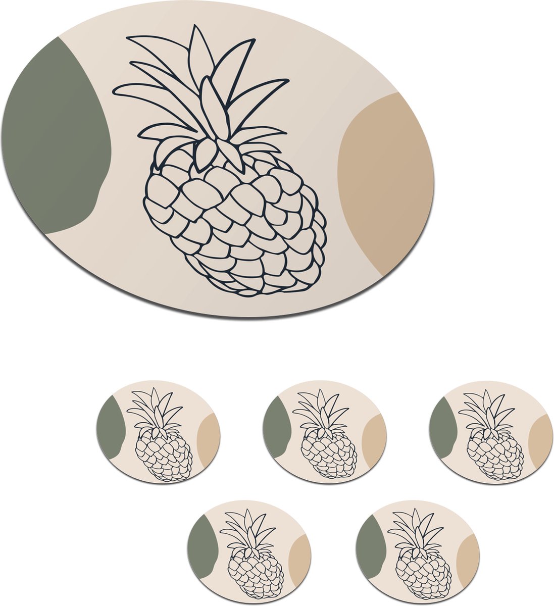 Onderzetters voor glazen - Rond - Fruit - Pastel - Ananas - 10x10 cm - Glasonderzetters - 6 stuks