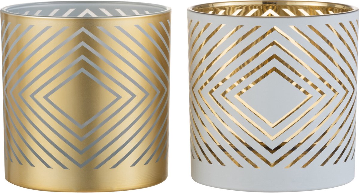 J-Line Windlicht Ruit Glas Wit/Goud Medium Assortiment Van 2