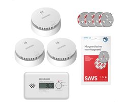WisuAlarm Brandpreventieset - 3 Rookmelders en 1 Koolmonoxidemelder - 10 jaar batterij - Met magneet montage - Brandalarm en CO melder zonder boren