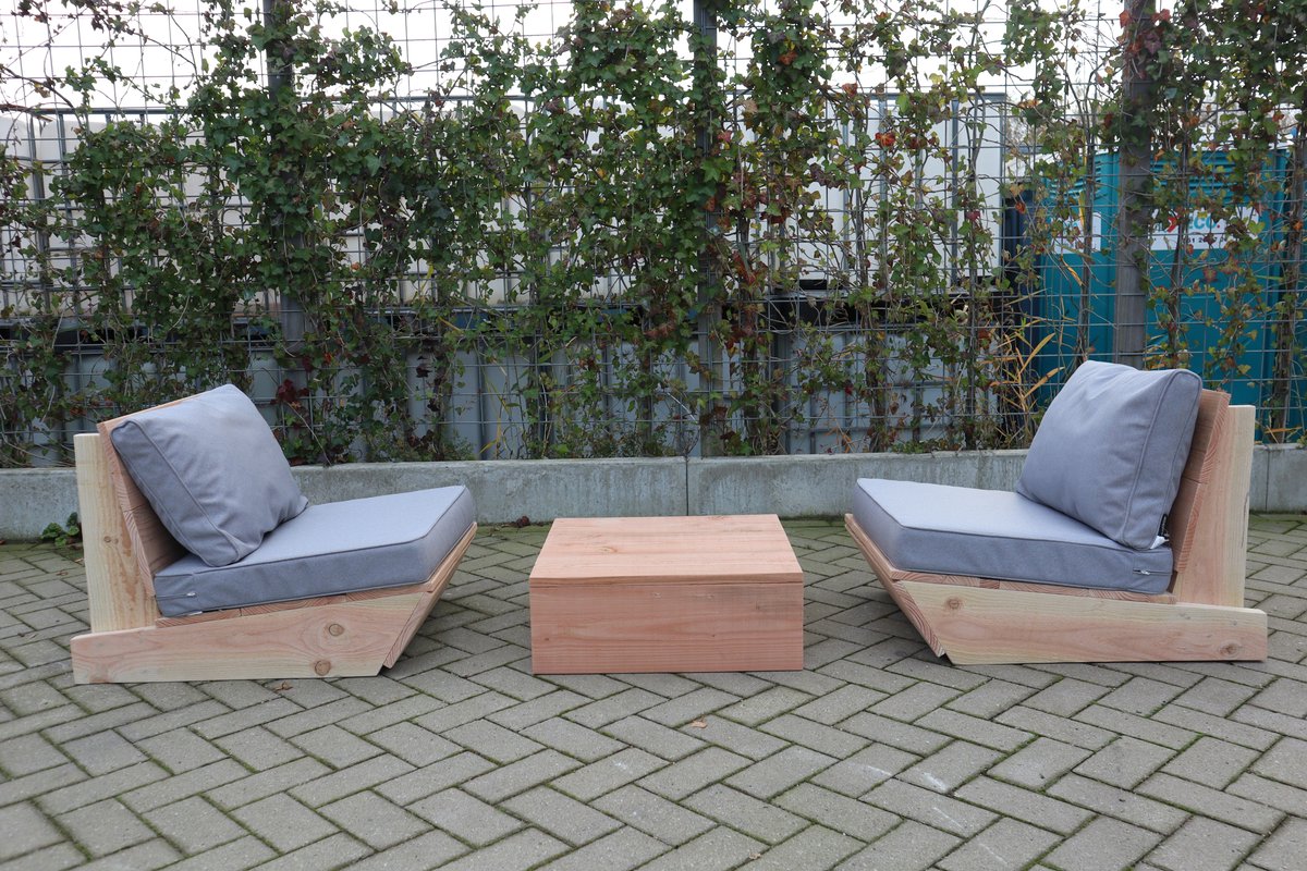 Set van 2 bankjes 60cm & tafel “Sauna” van douglas hout – Licht grijze kussens – relax bank set – Loungebank – Lage zetel - 2 persoons