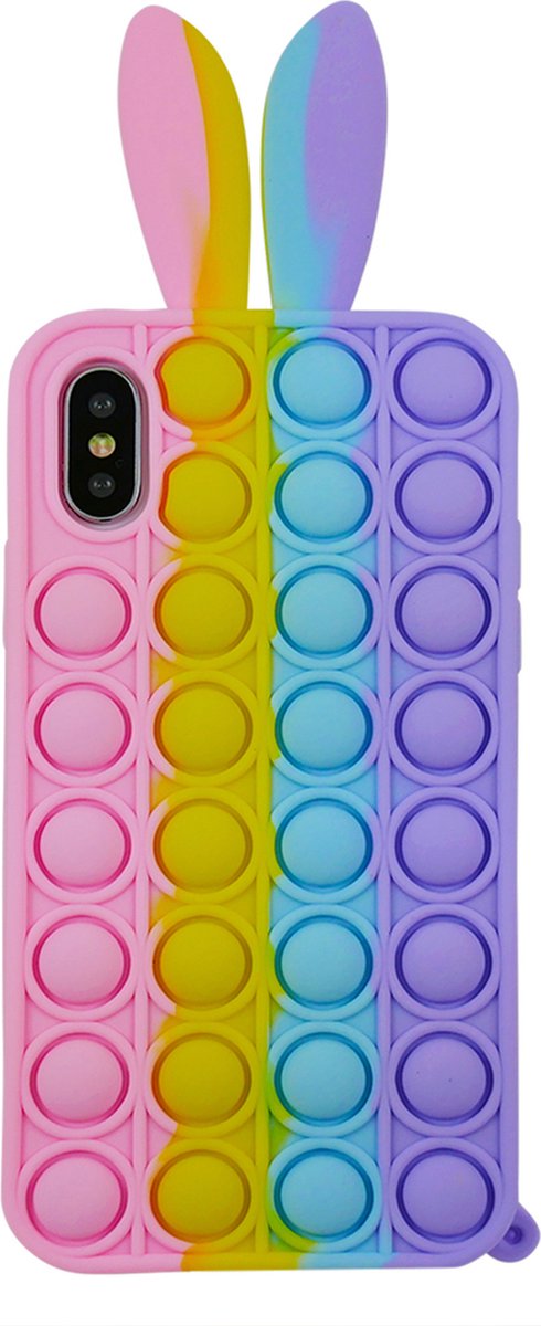 Peachy Bunny Pop Fidget Bubble siliconen hoesje geschikt voor iPhone X en iPhone XS - roze, geel, blauw en paars